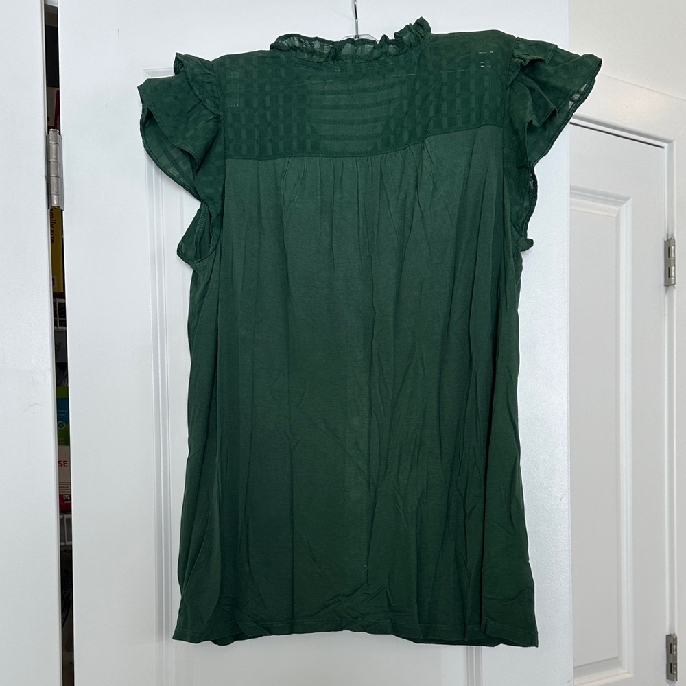 LOFT Dark Green Ruffled Button-Front Blouse - Picture 7 of 7